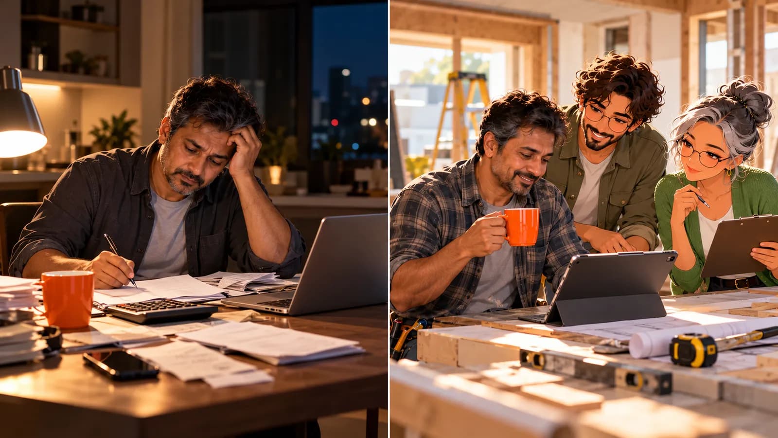 Split scene: late at night a building contractor works through site notes at his laptop; in the morning he has coffee with his tablet on a renovation site while illustrated AI agents Atlas and Penny help.