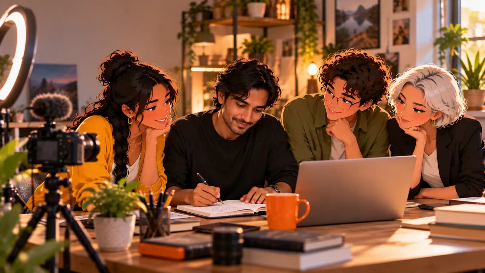 A creator writes ideas in his home studio, ring light and camera behind him, with AI agents Sage, Atlas and Nova around the desk.