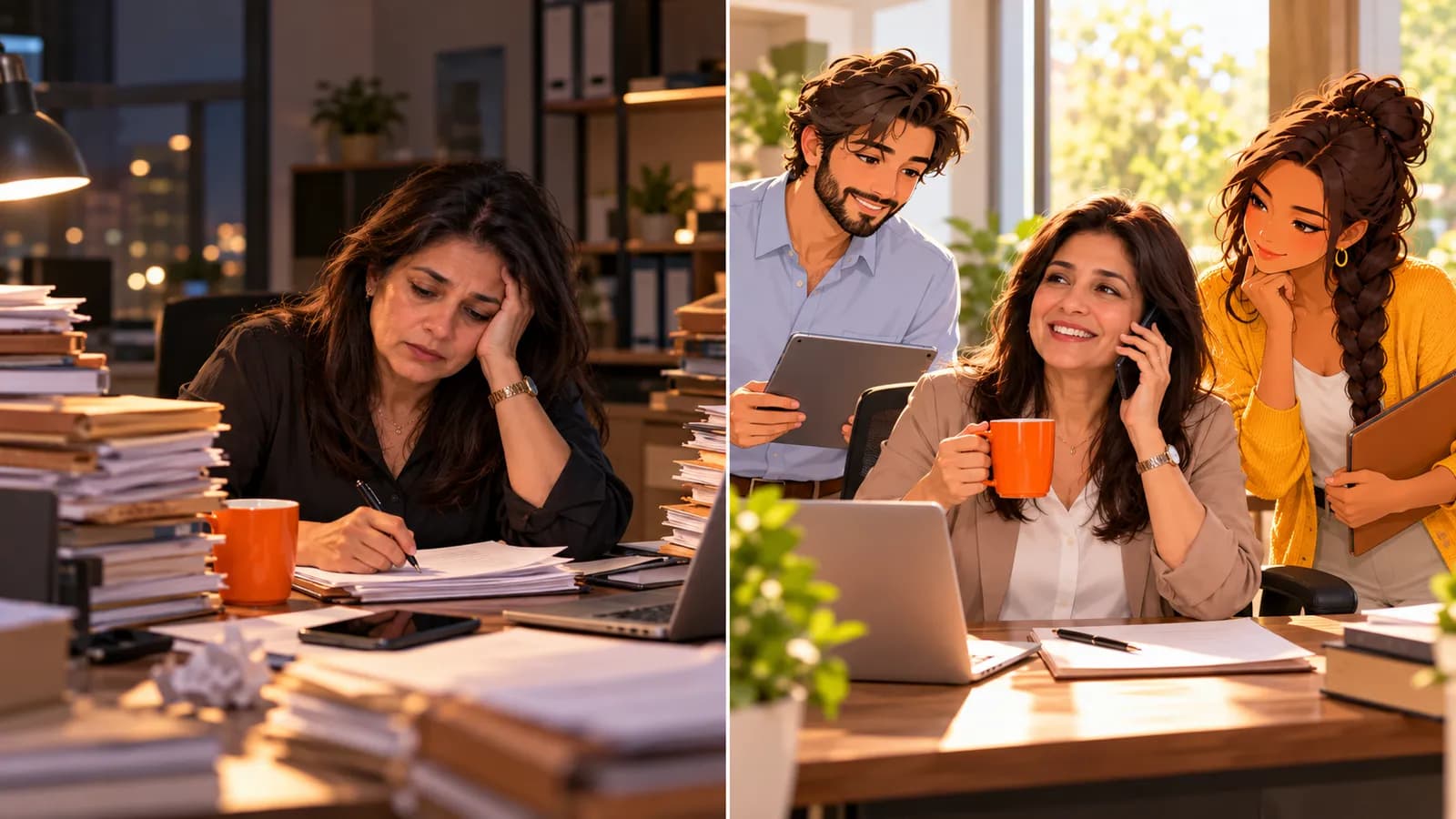Split scene: at night an insurance agent is buried in renewal folders; in the morning she takes a call with coffee while illustrated AI agents Dash and Sage stand beside her desk.