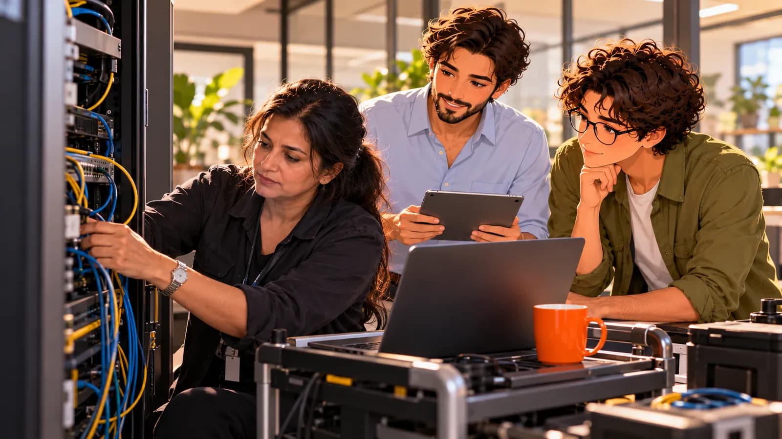 An IT technician checks cables in an office network cabinet while illustrated Brainwrite AI agents Dash and Atlas work on a tablet and laptop beside her.