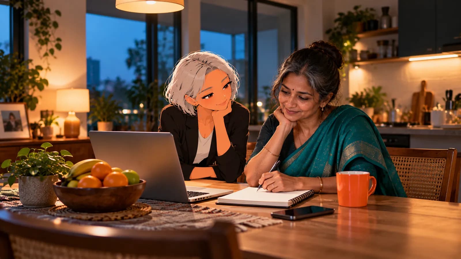 A parent in a teal saree plans the week's bills and bookings at her kitchen table with a laptop and phone while Nova, an illustrated Brainwrite AI agent, helps.