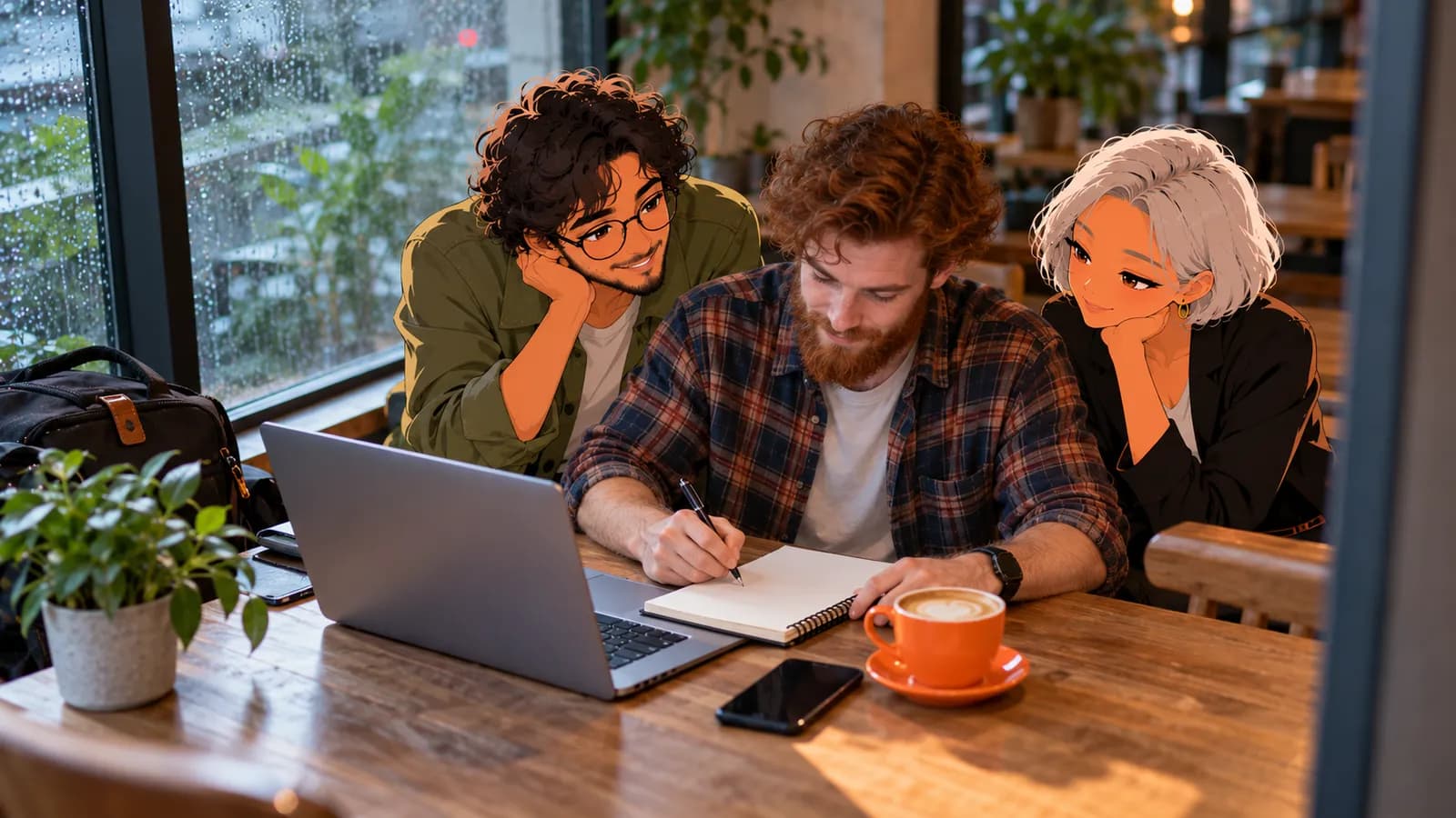An aspiring founder sketches a product idea in a rainy café with his laptop and phone while illustrated Brainwrite AI agents Atlas and Nova weigh the evidence.