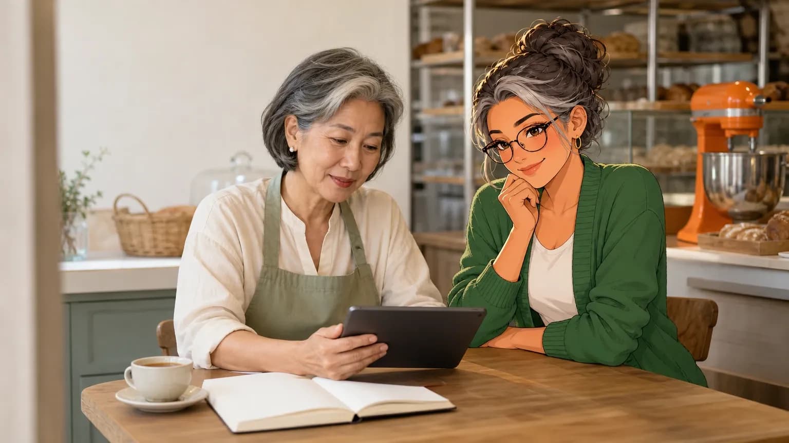 A bakery owner reviews the week's money on a tablet at the back of her shop, ledger open beside her, while Penny, an illustrated Brainwrite AI agent, sits with her.