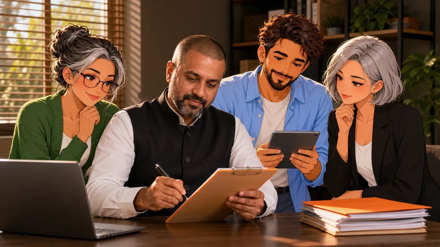 A bookkeeper ticks off a month-end checklist beside his laptop while illustrated Brainwrite AI agents Penny, Dash and Nova help.
