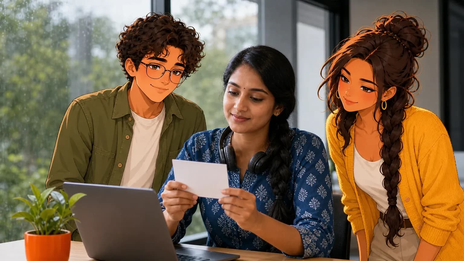 A business development rep reads a prospect brief at her laptop, headset round her neck, while illustrated Brainwrite AI agents Atlas and Sage help.