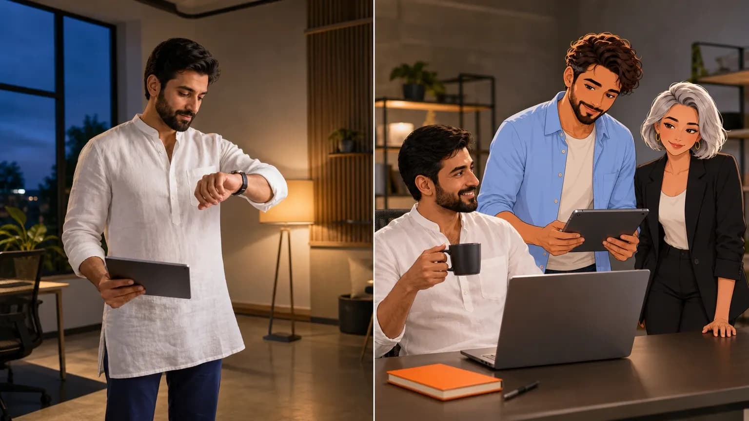 Split scene: an engineering manager checks the time with his tablet late at night; in the morning he has coffee at his laptop with illustrated AI agents Dash and Nova.