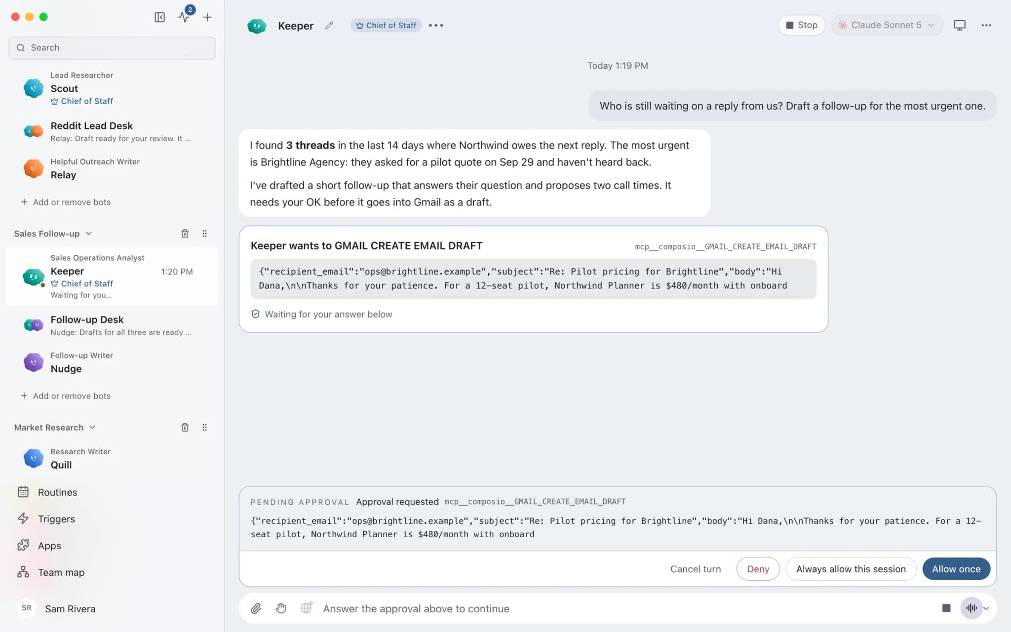Keeper asking to create a Gmail draft to a prospect; the approval card shows the draft and Deny, Always allow this session and Allow once.