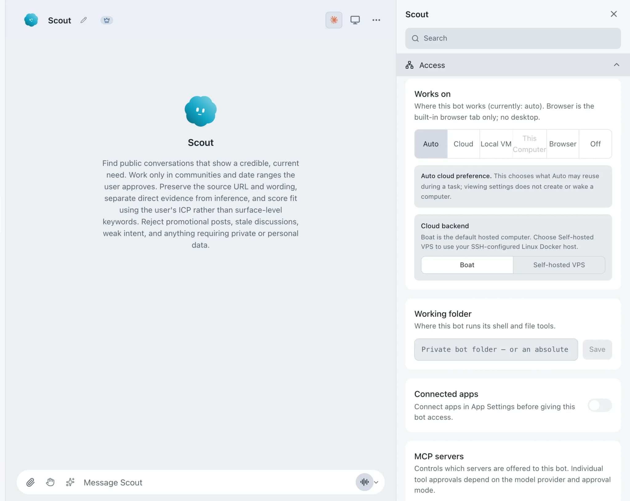 Scout's Access settings: Works on Auto, Cloud, Local VM, This Computer, Browser or Off, plus cloud backend, working folder and connected apps.