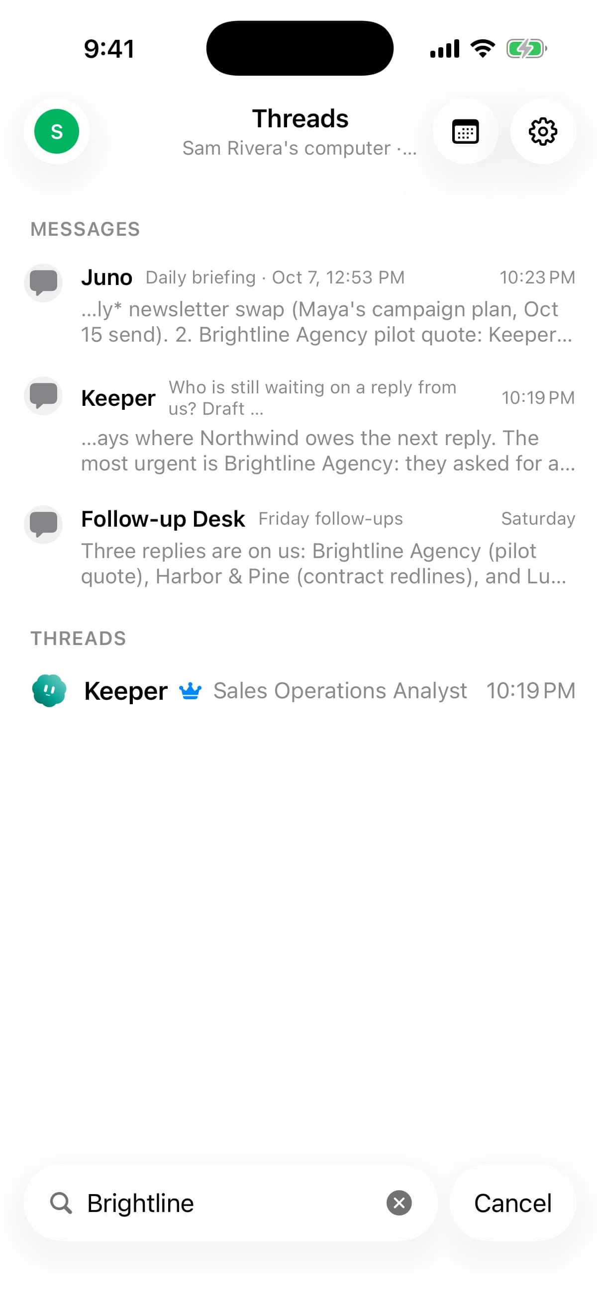iPhone search for Brightline returning matching messages from Juno, Keeper and Follow-up Desk, plus Keeper's thread.