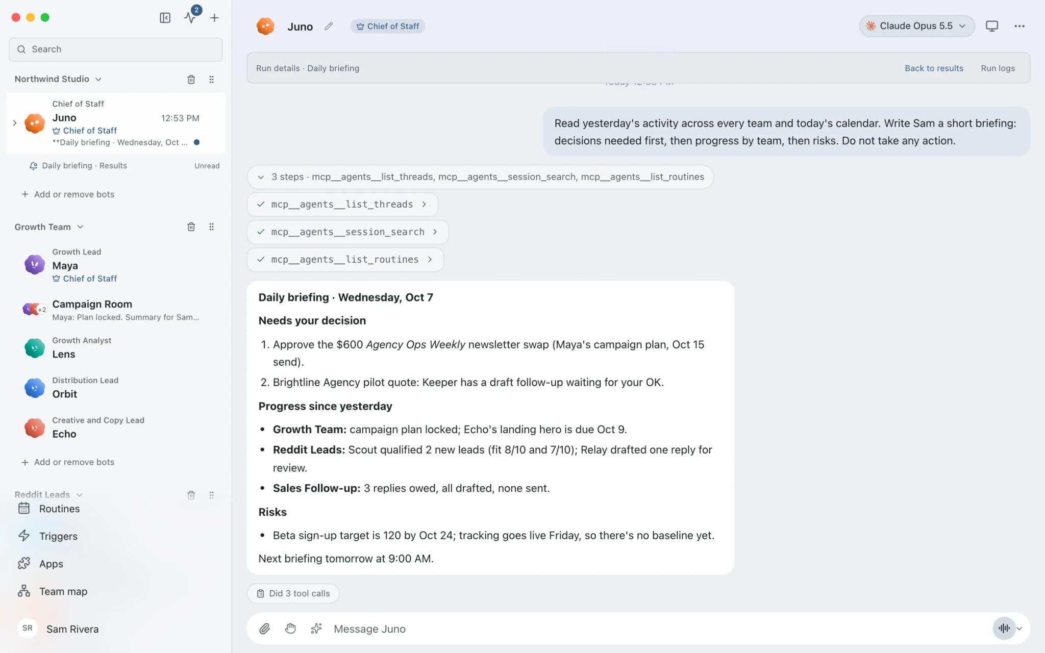 A routine run's receipt expanded: 3 steps (list_threads, session_search, list_routines) above Juno's dated daily briefing.