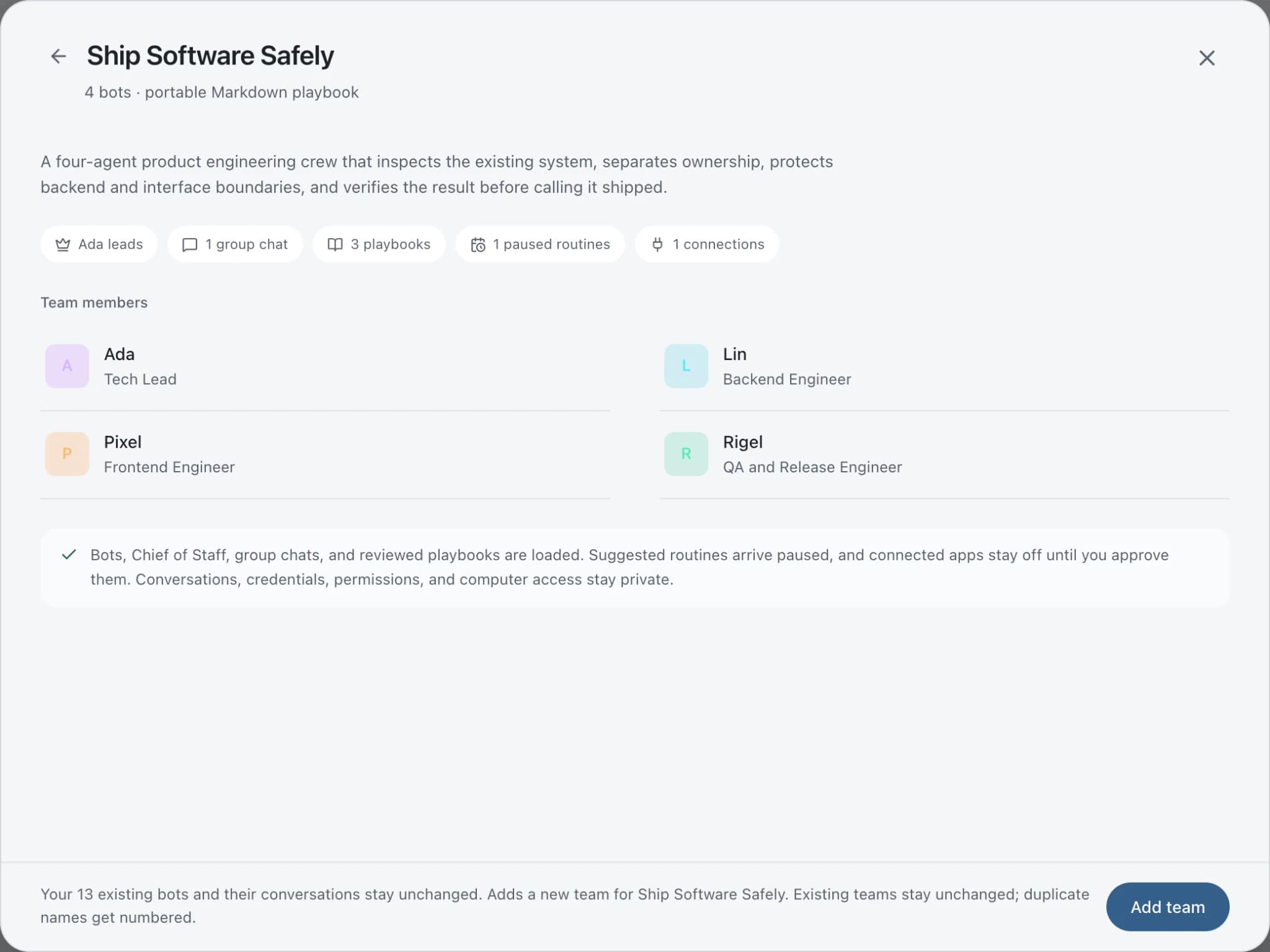 Templates preview of the Ship Software Safely team before adding it: Ada (lead), Lin, Pixel, Rigel, a group chat, playbooks and one paused routine.