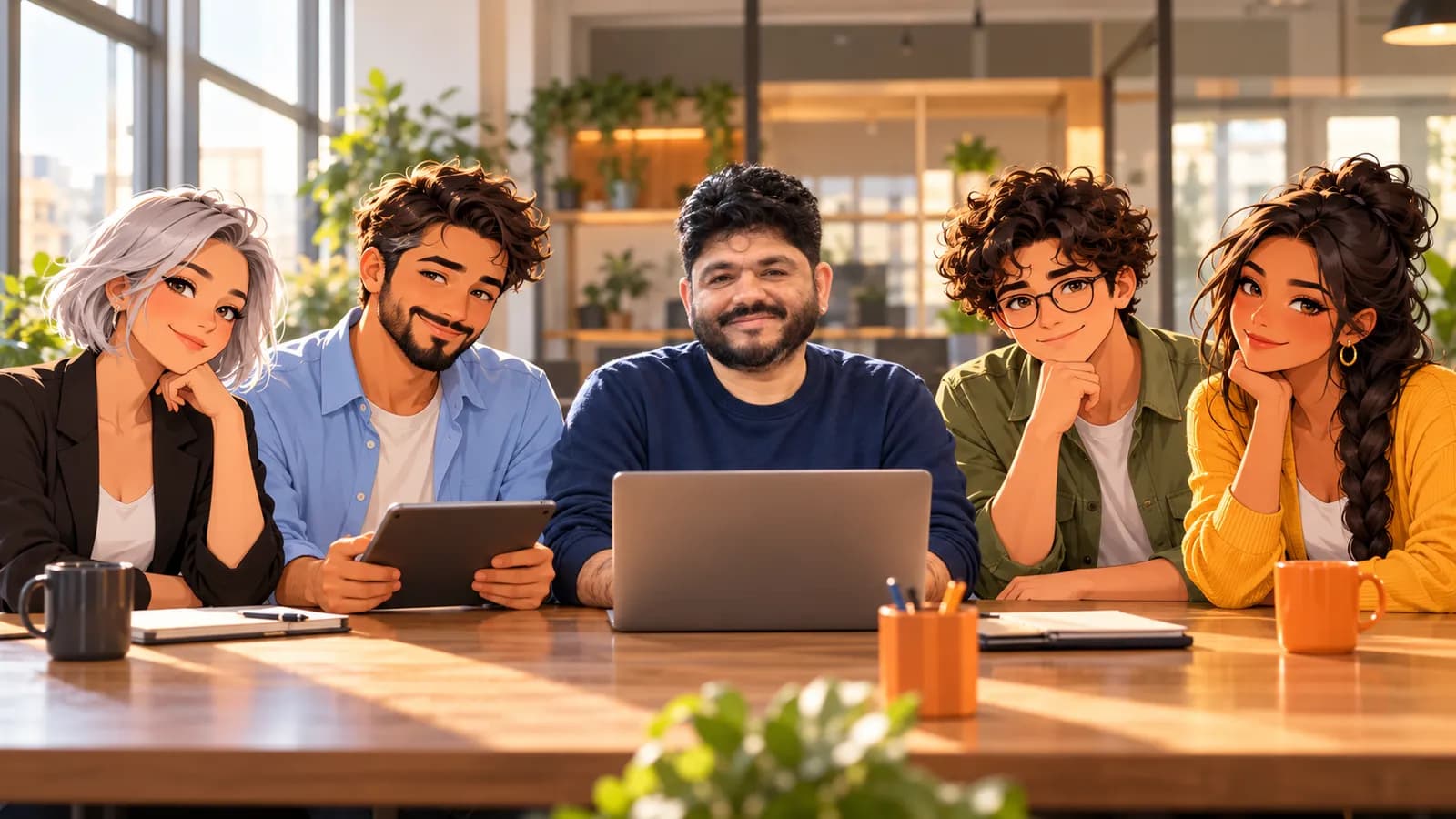 Bhavik Fuletra at a long office table with four illustrated Brainwrite AI agents, Nova, Dash, Atlas and Sage, seated beside him as teammates.