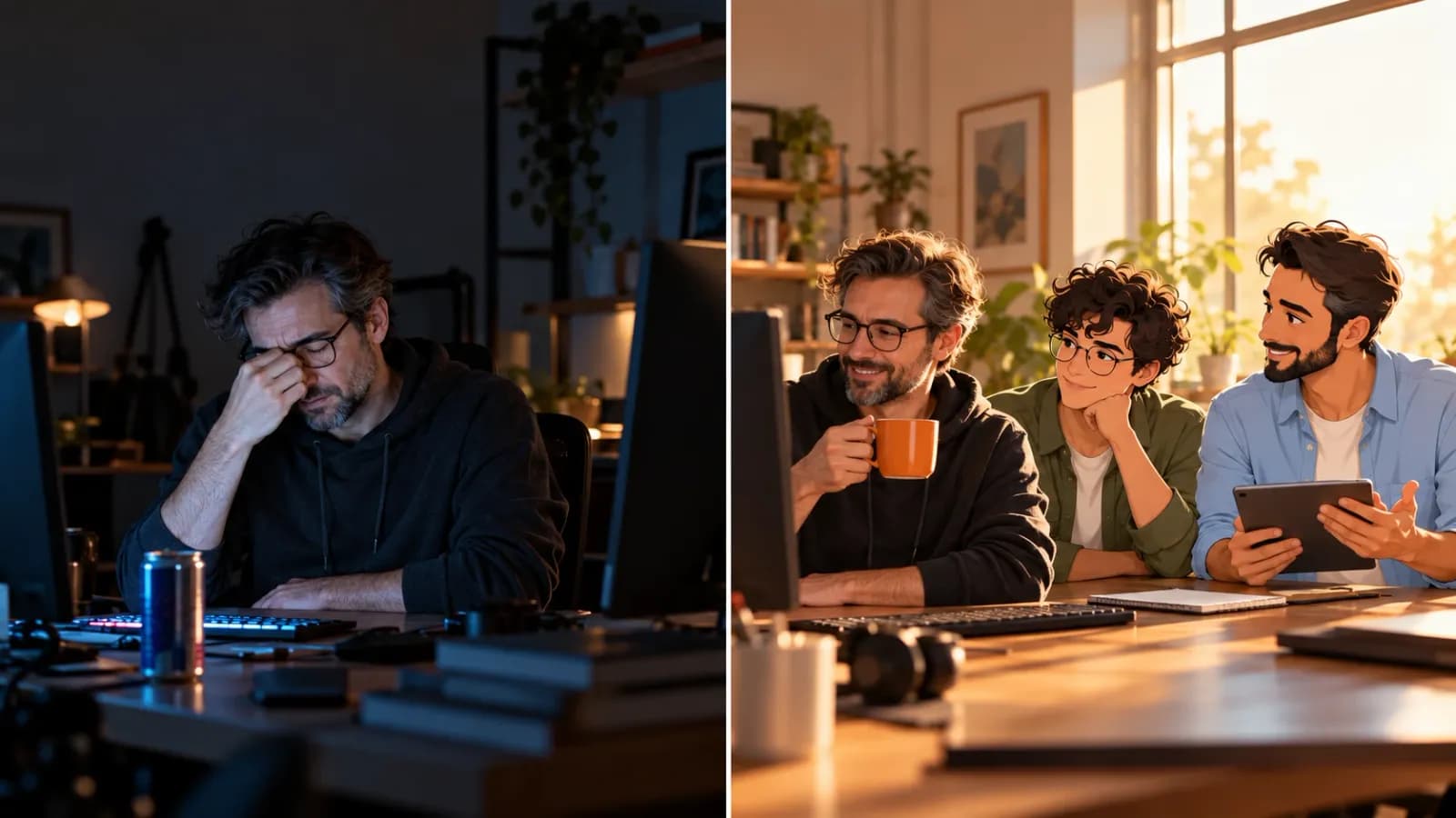 Split scene: at 11:04 pm a developer rubs his eyes alone at his desk; at 7:04 am he drinks coffee while AI agents Atlas and Dash show finished work.