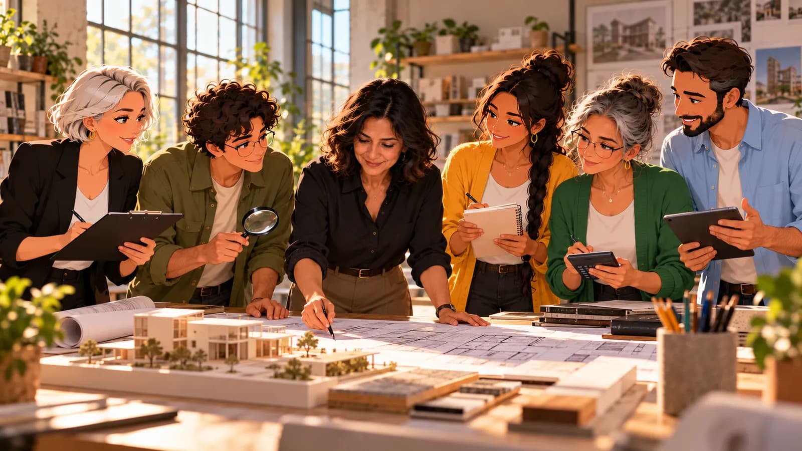 An architect at a drafting table with five illustrated Brainwrite AI agents around her, each holding a tool for their job.
