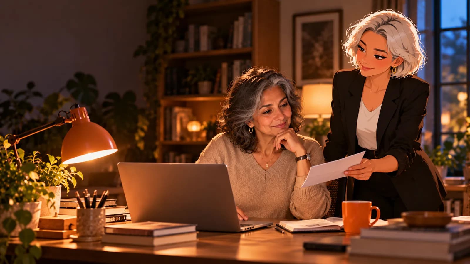 A woman works at a lamplit home desk in the evening while Nova, an illustrated AI agent, waits with a page for her approval.