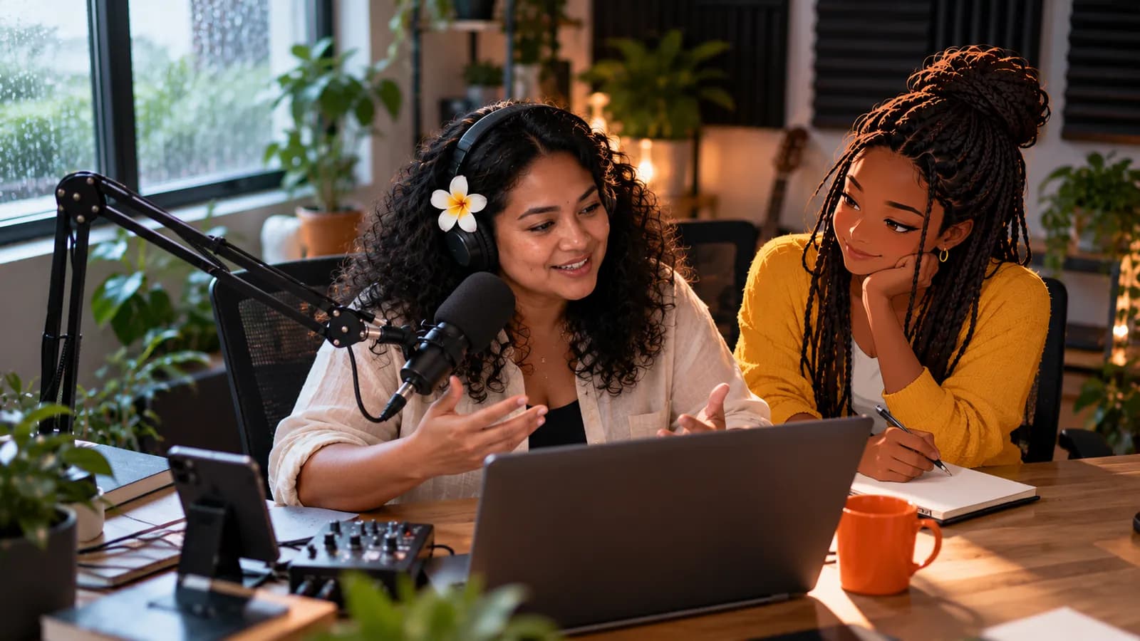 A podcaster records at her microphone with a laptop and phone in front of her while Sage, an illustrated Brainwrite AI agent, takes notes.