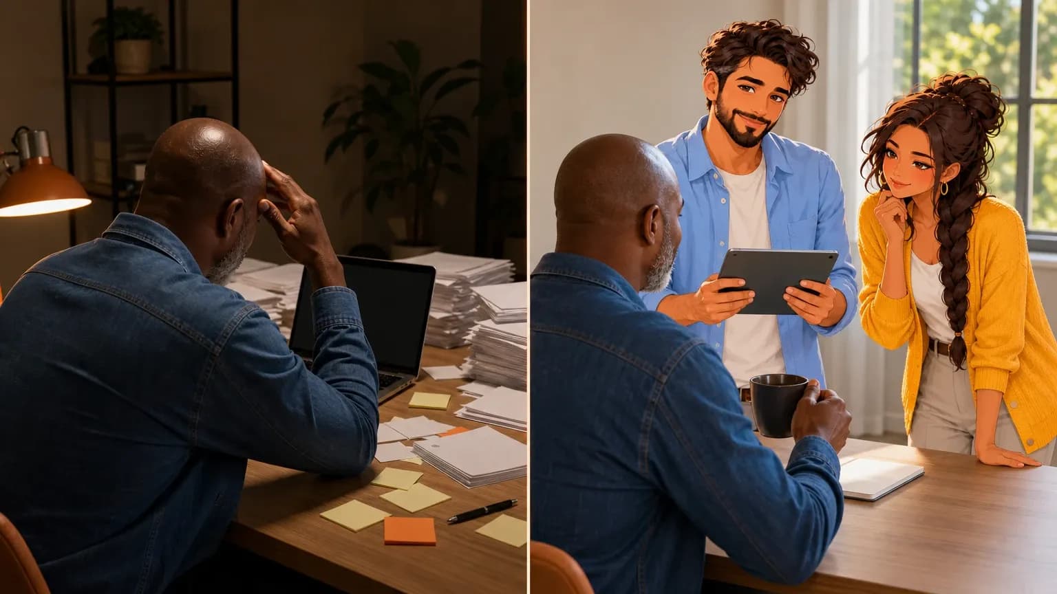 Split scene: late at night a small business owner is overwhelmed at his laptop; in the morning he has coffee while illustrated AI agents Dash and Sage sort his inbox.