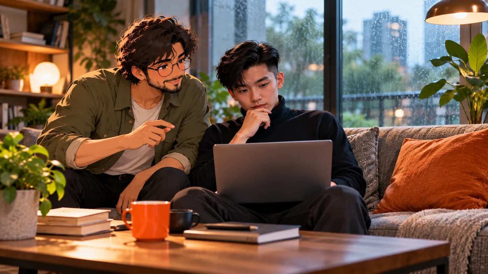 A young founder reads on his laptop on a sofa by a rainy window while Atlas, an illustrated Brainwrite AI agent, points something out.