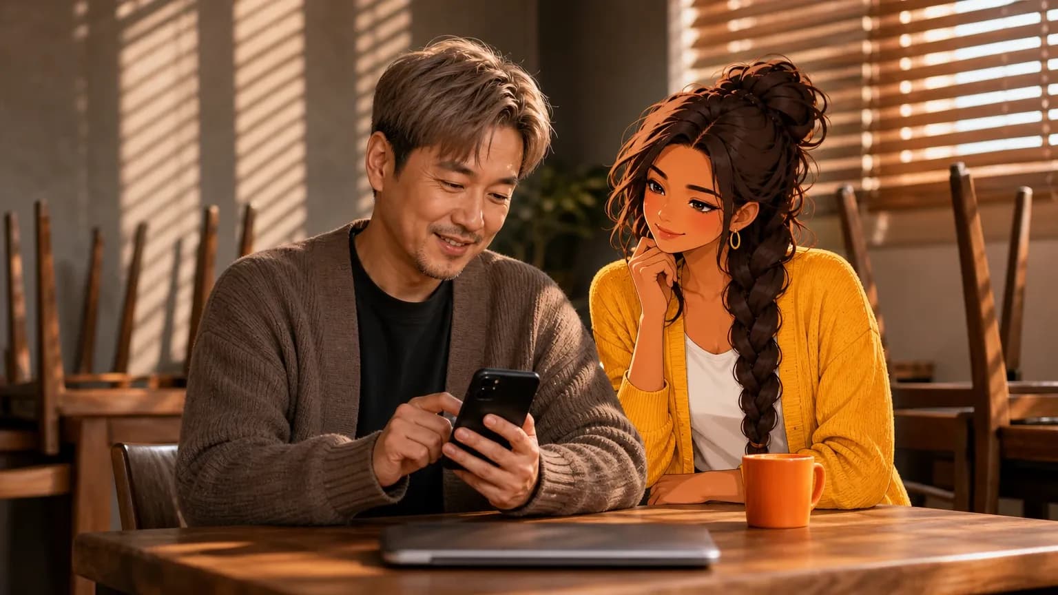 A restaurant owner reads customer reviews on his phone at an empty dining table while Sage, an illustrated Brainwrite AI agent, drafts replies.