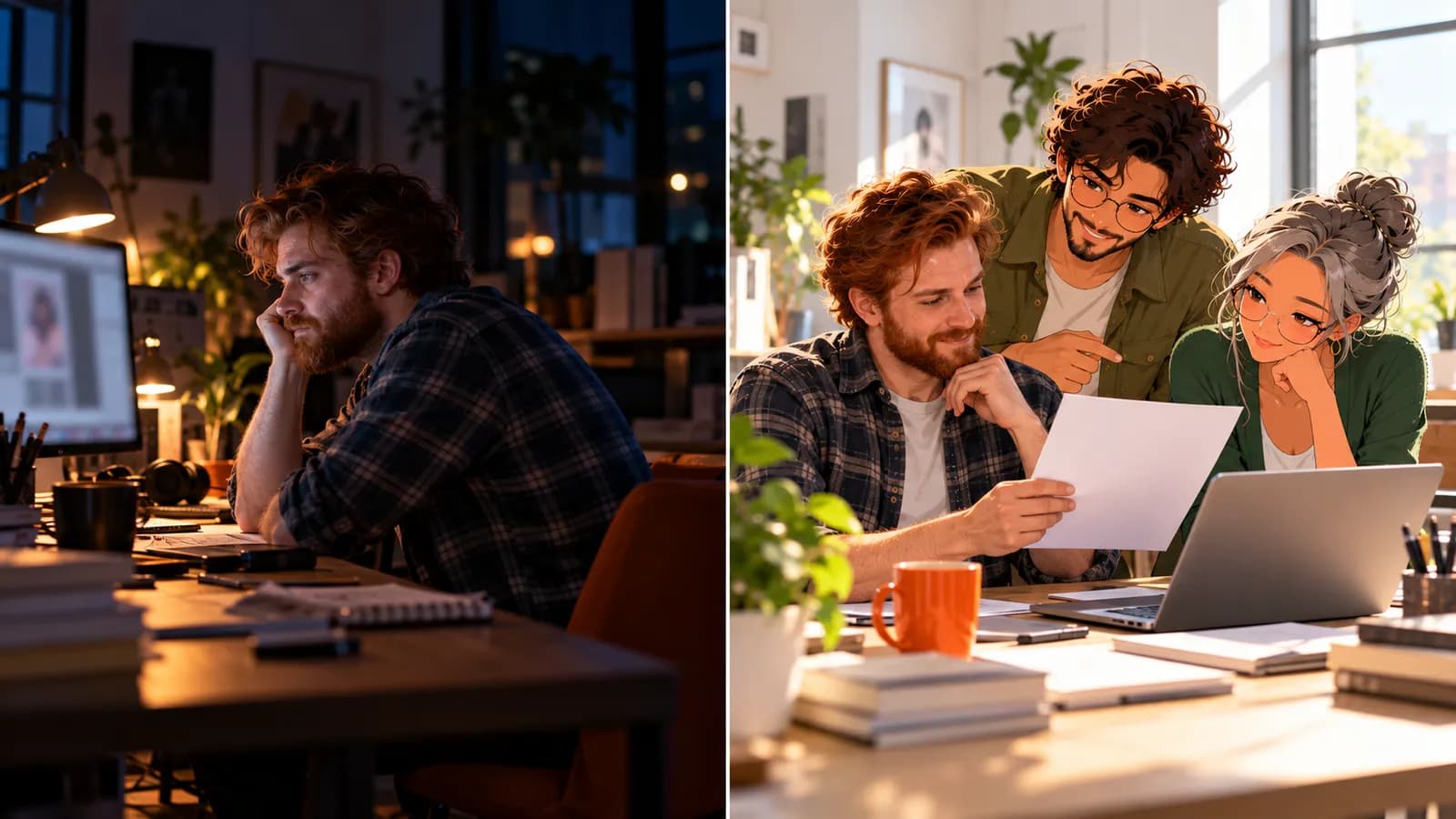 Split scene: late at night a web designer stares at his monitor alone; in the morning he reviews one page at his laptop with illustrated AI agents Atlas and Penny.